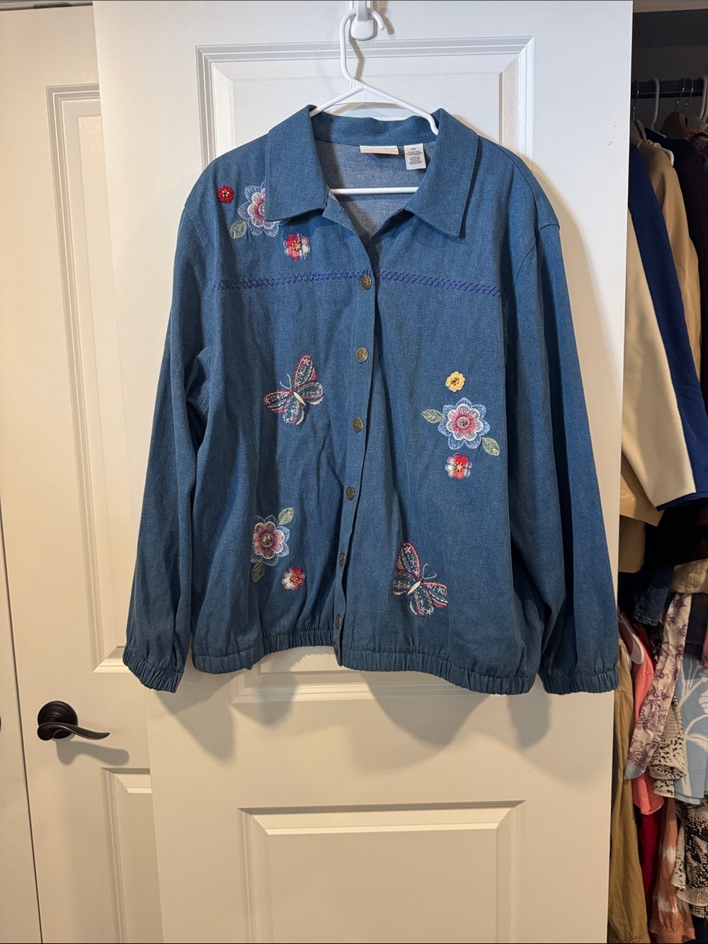Alfred Dunner Blue Denim Jacket with Floral & Butterfly Embroidery